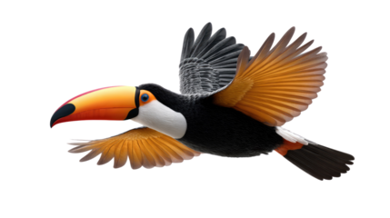 Magnificent Toucan in Flight: A vibrant toucan soars gracefully through the air, its striking plumage and enormous beak a testament to nature's artistry. Embrace the colors of tropics.
