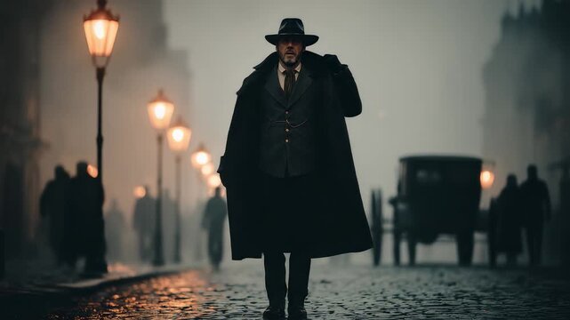 Mysterious man in dark coat and hat walking on cobblestone street at night with vintage lamps glowing and silhouettes in foggy atmosphere