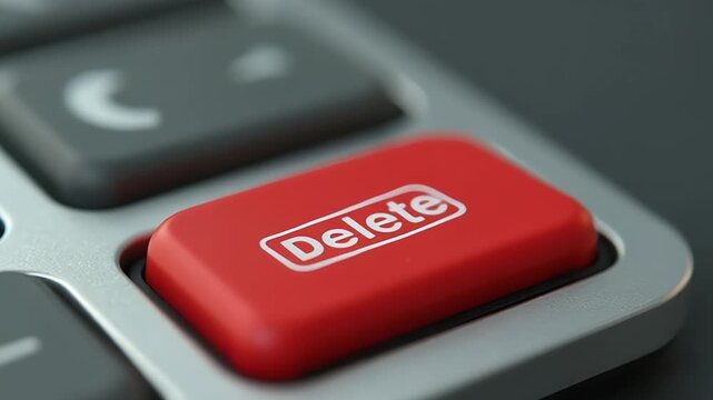 Macro shot of a red delete key on a modern computer keyboard close up view