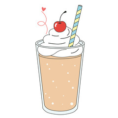 Vector icon of tall milkshake glass with whipped cream and straw, fun and playful food design element.