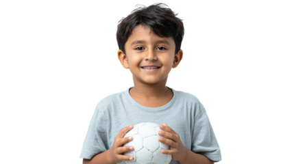 Joyful young boy with Soccer Ball: An adorable young boy holds a soccer ball with an excited, joyful expression, creating a captivating and inspirational image. Capturing the energy of sports.