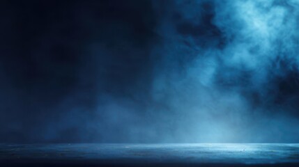 A dark, atmospheric scene with blue light illuminating smoke/fog over a textured floor, evoking mystery and drama, blurred blue background