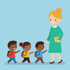 Teacher leads students with backpacks to school on a bright day