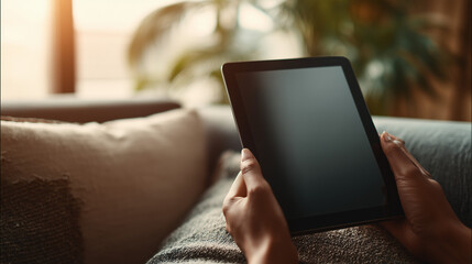 Tablet in Hands with Blank Screen Relaxing at Home