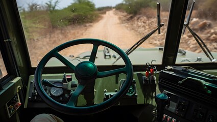 Interior view of a truck driving on a dirt road