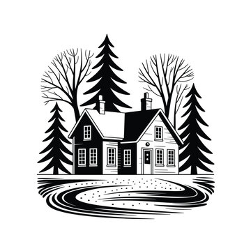Winter Snow-Covered House in Black and White