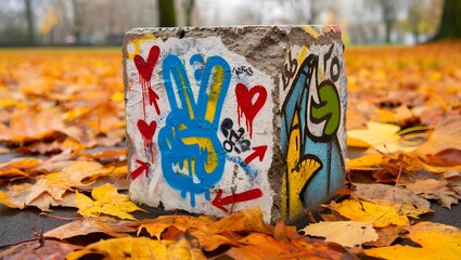 Colorful graffiti on concrete blocks in autumn leaves