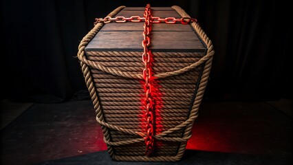 Dark wooden coffin wrapped with rope and glowing red chain