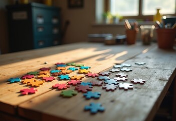 Fototapeta premium Colorful Puzzle Pieces Scattered on Rustic Wooden Tabletop Natural Light Shadow