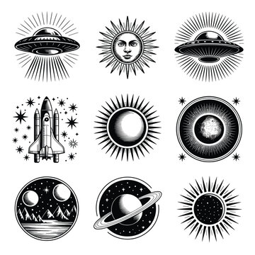 Vintage Black and White Space-Themed Emblem Grid