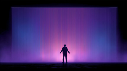 Man Silhouette Before Glowing Purple Blue Screen Display