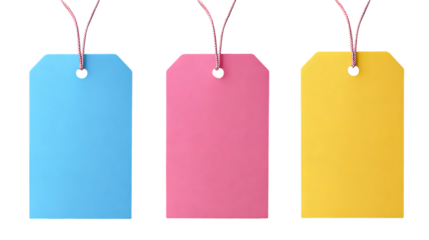 Three blank gift tags isolated on transparent background