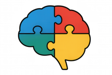 Brain puzzle concept with colorful jigsaw pieces symbolizing mental health, diversity, and neurological conditions