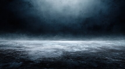 Dark, dramatic, and textured background with a rough, reflective floor under a misty, shadowy sky. Features cold blues and grays, evoking a mysterious, atmospheric scene, blurred blue background