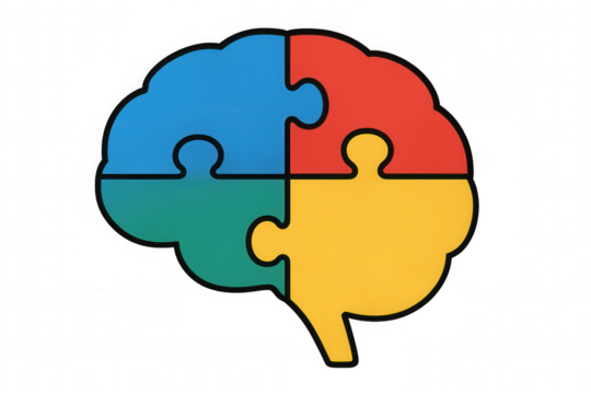 Brain puzzle concept with colorful jigsaw pieces symbolizing mental health, diversity, and neurological conditions