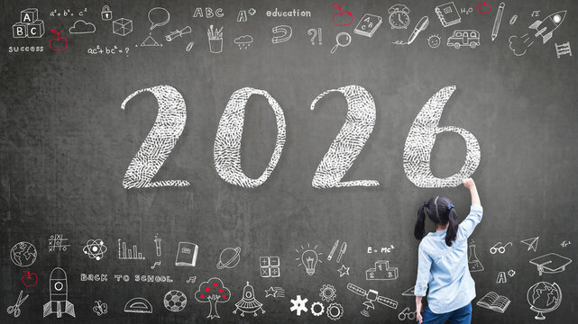 2026 Happy new year school class academic calendar with student kid's hand drawing greeting on teacher's green chalkboard for educational celebration, back to school, STEM education classroom schedule