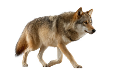 Lone Wolf on the Prowl: A majestic wolf in motion, captured in a dynamic pose, traversing across the terrain with focused intent, its posture conveying both strength and resolve.