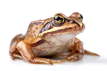 Fototapeta premium Detailed close-up of a common frog with textured skin and bright eyes isolated on white background.