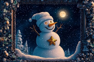 Obraz premium Magical snowman with twinkling eyes and a golden star at night