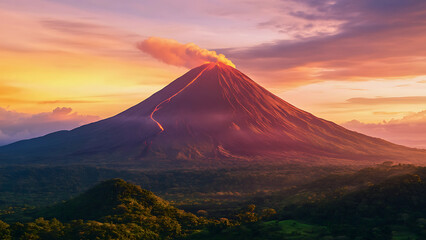 Active Volcano with Glowing Lava Streams at Sunrise and Dramatic Ash Clouds in Golden Sky