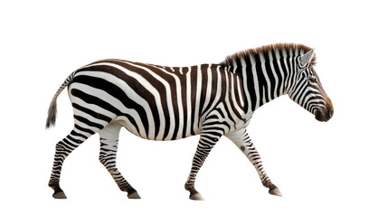 Fototapeta premium Zebra in Motion: A striking zebra with its distinctive black and white stripes strides gracefully across a pristine scene, exuding elegance and the untamed spirit of the African savanna.