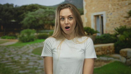 Woman outdoors in old town setting expressing surprise with lush greenery and stone buildings in...