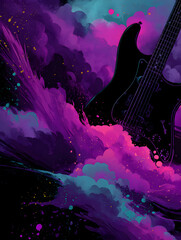 A guitar amidst scattered colors, mainly using purple tones.
