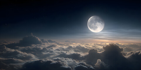 A full moon shines softly above the clouds in the night sky.