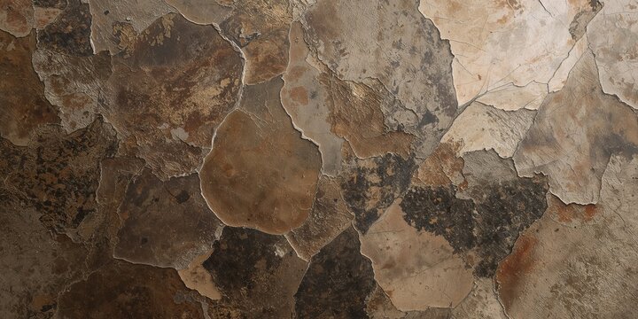 Textured background of irregular, earthy-toned broken ceramic or natural slate fragments, forming a rustic abstract mosaic pattern.
