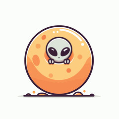 A small alien peeking out from behind a planet with a simple and minimalist flat design using a white background.