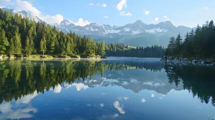Mountain lake surrounded by forest and snowcapped peaks