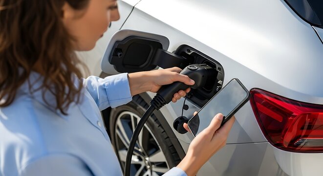 Woman charging electric car and using smartphone at home