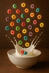 Cereal Falling into a Bowl with Splashing Milk