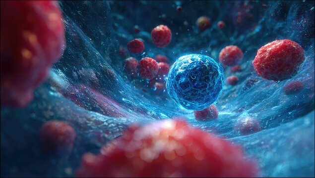 Artistic, abstract macro view showcasing a blue sphere amidst reddish cells within a network - Powered by Adobe