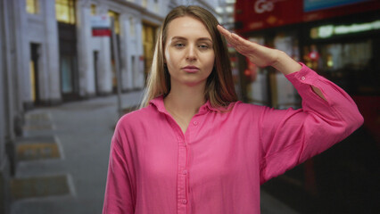 Fototapeta premium Woman in a pink shirt salutes on a city street with a double-decker bus in the background, capturing an urban and patriotic atmosphere.