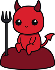 Cute Chibi Devil with Small Horns and Pitchfork Halloween Character Vector illustration
