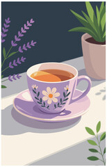 Serene cartoon teacup with herbal tea, lavender flowers, and potted plant on sunli