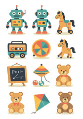 Cute retro toy set with robot, teddy bear, horse, cassette, and playful vintage objects.