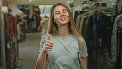 Young woman smiling in a clothing store surrounded by racks of clothes and vibrant retail atmosphere, showcasing expressions and fashion in an indoor shop setting.