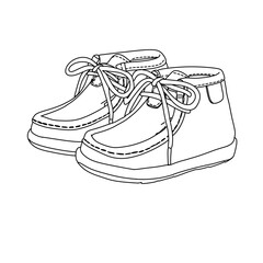 A clean black and white outline drawing of a pair of infant shoes. This simple illustration features visible stitching and laces tied in bows, perfect for a coloring page.