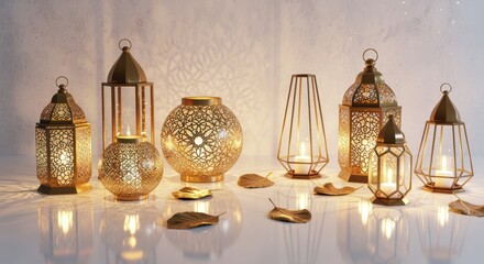 Ornate Arabic lanterns and geometric candle holders with intricate metalwork patterns glow with warm golden light, creating atmospheric Middle Eastern ambiance on reflective surface.