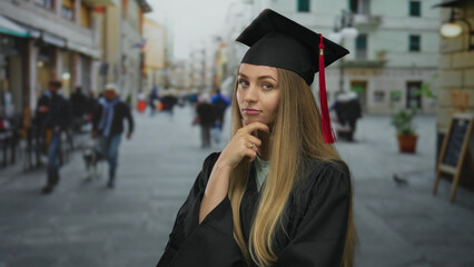 Young woman in graduation cap and gown stands thoughtfully on a busy city street, blending academic achievement with urban life in a vibrant outdoor setting.