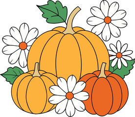 Pumpkins and Daisies Blooming Together in Bright Autumn Season Vector illustration