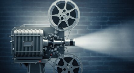 Naklejka premium Vintage film projector with metal casing and classic reels against dramatic cloudy sky. Retro cinema equipment showcases nostalgic movie-making era with detailed components.