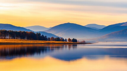 Fototapeta premium Serene sunset over tranquil lake surrounded by mountains and trees, reflecting vibrant colors