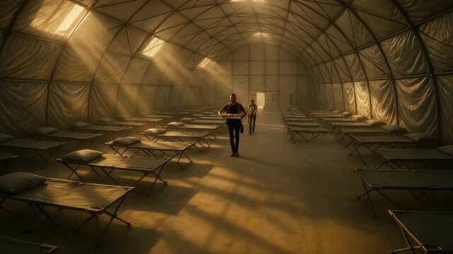 Large emergency shelter tent with rows of empty camp beds and sunlight streaming through fabric walls as people walk carrying supplies inside