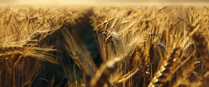 Golden wheat field with stalks swaying gently in the warm sunlight, close-up perspective