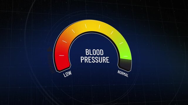 Animated blood pressure monitor moving from low to normal and back, blood pressure digital display, presentation of systolic and diastolic pressure, risk of hypertension and hypotension, copy space