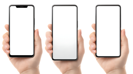 Three hands holding smartphones with blank screens isolated on transparent background