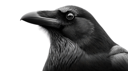 Intense gaze of the raven: a captivating black and white close-up portrait of a raven, showcasing its sharp beak and intelligent eye. Evoking a sense of mystery and intrigue.